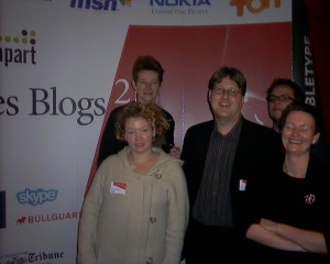 Nogle af de fremmeste i blogosfæren i 2005: trine maria kristensen, henriette Weber, Kim Elmose og Thomas Madsen Mygdal ved Les Blogs 2.0 i paris 2005